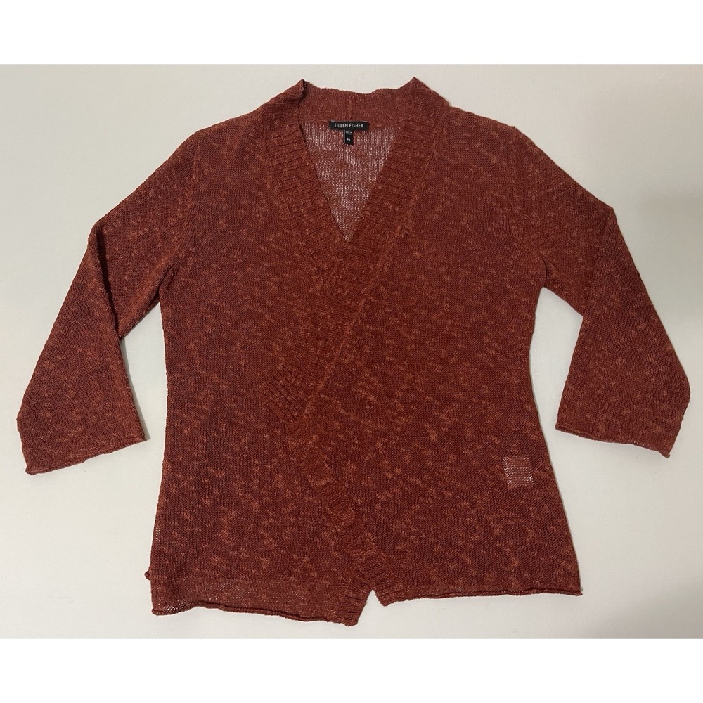Eileen Fisher Linen‎ Blend Open Front Cardigan Womens XS Natural Rust Knit Boho